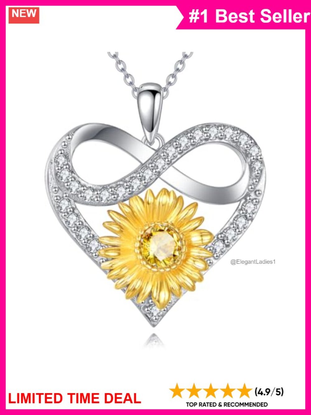 Sterling Silver Sunflower Moissanite Infinity Heart Necklace 18+2"